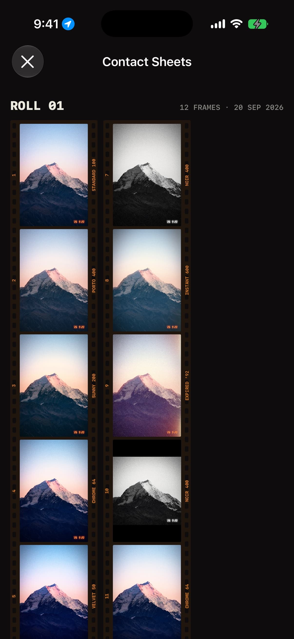 A 35Cam contact sheet: strips of negatives with sprocket holes and edge codes